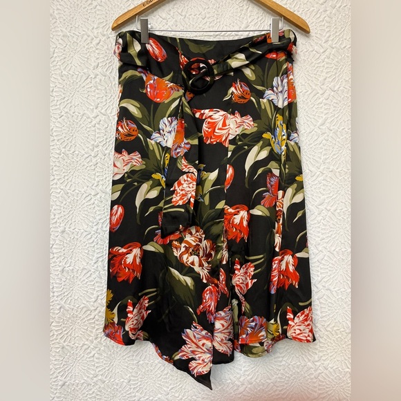 Zara Floral Midi Skirt Size Large Belted Satin Black Boho Chic Hippie Midi GUC - Picture 4 of 16